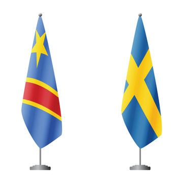 Congo - Kinshasa and Sweden flags on flagpoles for official ceremonies and meetings, transparent background vector