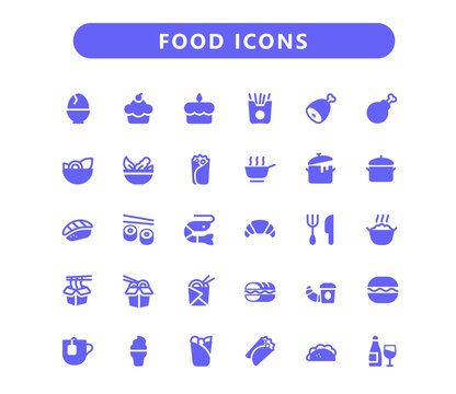Food and drink solid icon set.