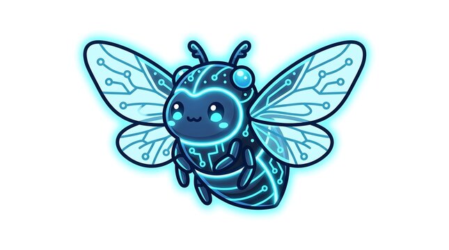 Cute glowing neon robot cicada vector flying on white background