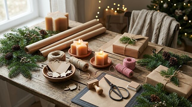 Winter Holiday Gift Packaging Setup on Wooden Table Festive holiday gift wrapping station featuring star shaped candles kraft paper rolls evergreen spruce branches and tag labels arranged on a rustic