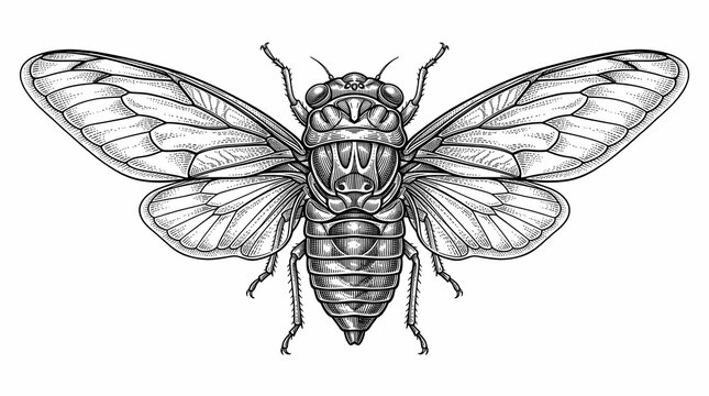 Cicada vector illustration with detailed wings in vintage line art