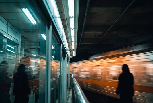 Train arriving in motion blur behind platform screen doors at evening rush hour