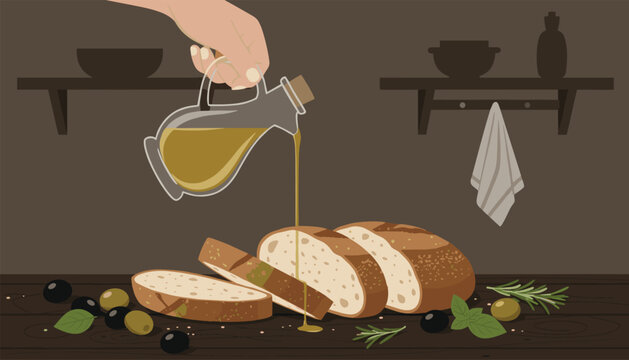 Hand pours golden olive oil from a glass carafe over rustic sliced bread surrounded by scattered green and black olives on a wooden surface.