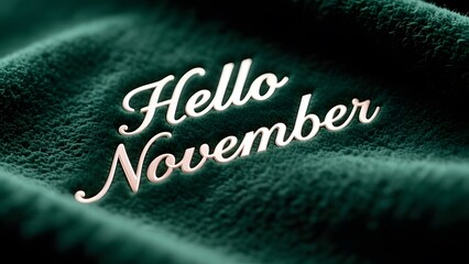 Fototapeta premium Hello November text on dark green velvet fabric, cozy autumn seasonal greeting, soft plush texture with elegant script lettering