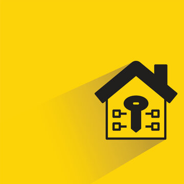 digital key in smart home icon with shadow on yellow background