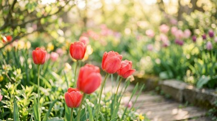 Obraz premium Soft Focus Red Tulips Blooming in Vibrant Spring Garden Light tulips red tulips floral spring bloom selective focus garden flowers nature petals vivid blurred background botanical soft light fresh