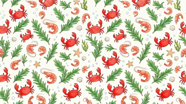 Playful Coastal Seafood Seamless Pattern with Red Crabs Shrimps and Rosemary Branches on Light Backdrop seamless pattern marine crab shrimp seafood ocean pattern coastal rosemary nautical repeat
