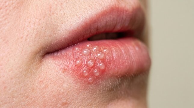 Close up of painful herpes simplex cold sore blisters on human lip.