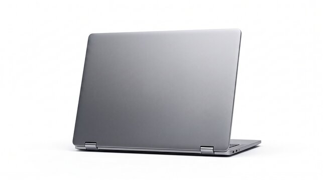 Back view of a modern silver grey laptop computer with visible hinges on a white background.