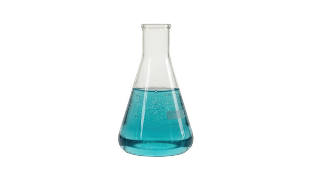 Clear glass erlenmeyer flask filled with vibrant blue liquid for scientific laboratory experiments and research isolated on a transparent background