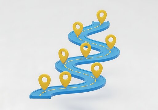 Winding road map with multiple yellow location pins