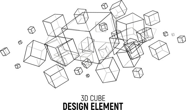 Abstract three dimensional geometric wireframe cube cluster representing cryptographic blockchain data network connection technology graphic vector