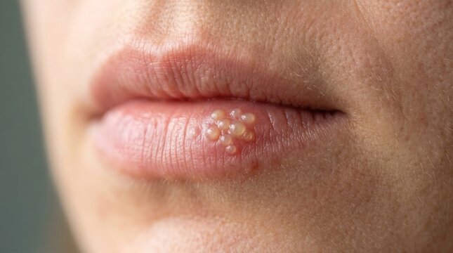 Macro close up of herpes simplex virus cold sore blisters on human lip.