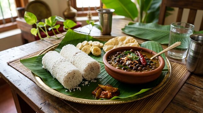 Traditional Kerala breakfast, puttu and kadala curry, is elegantly served on a banana leaf and brass.
