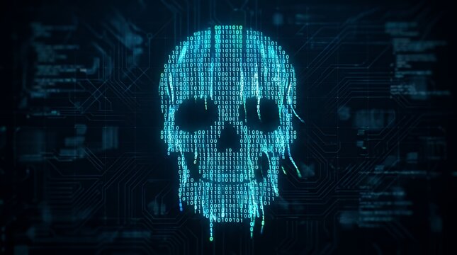 Cyber Crime Security Concept Showing Digital Binary Code forming a Human Skull Shape on Dark Technology Background Access Abstract Background Binary Bit Byte Code Coding Computer Concept Crime Cyber