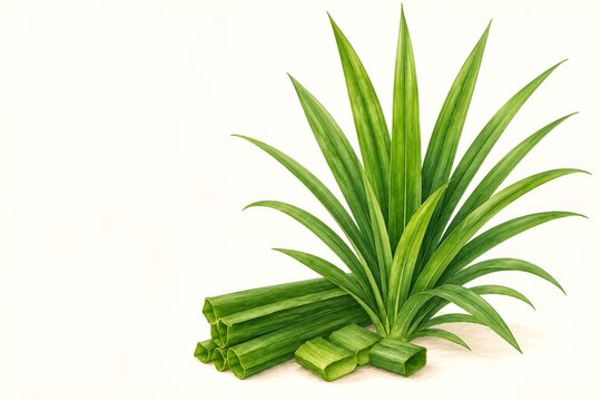 Fresh Pandan Leaves Botanical Illustration with Cut Aromatic Leaves
