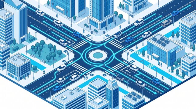 Autonomous Traffic Intersection Vector Illustration Top View
