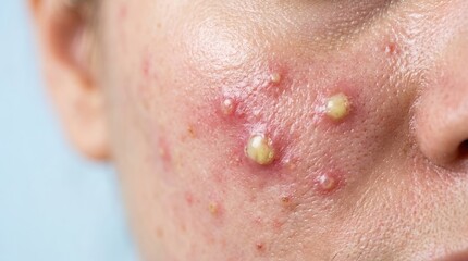 Naklejka premium Extreme close up of severe cystic acne with inflamed pustules on facial skin.