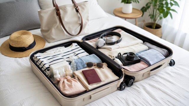 旅行準備の荷物を詰めたスーツケース