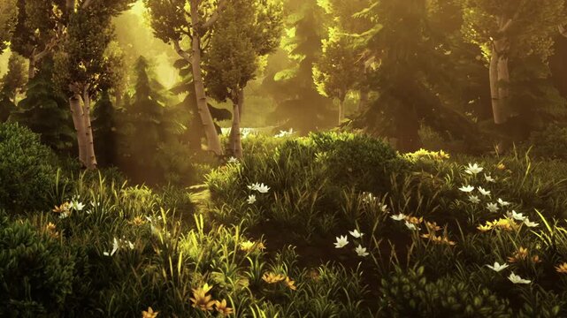 Sunlight filters through the trees in a forest. Flowers bloom on the ground. Green grass and shrubs create a natural landscape. It is early in the day, and nature is vibrant.