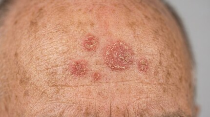Fototapeta premium Close up of actinic keratosis or solar keratosis scaly lesions on mature male forehead.