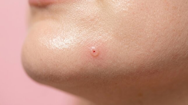 Extreme close up of a single inflamed pimple comedone on human facial skin.