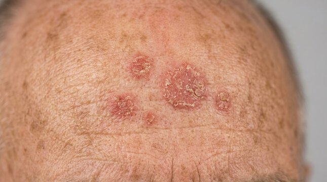 Close up of actinic keratosis or solar keratosis scaly lesions on mature male forehead.