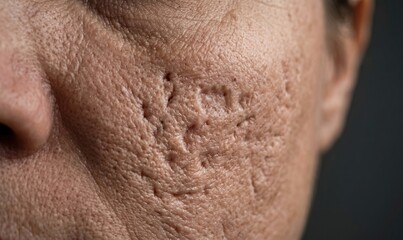 Naklejka premium Extreme macro of severe pitted atrophic acne scars on mature human facial skin.