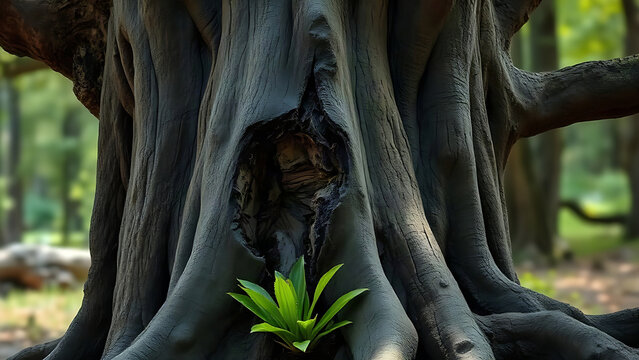 Ancient tree with blackened trunk from lightning, new growth at base.