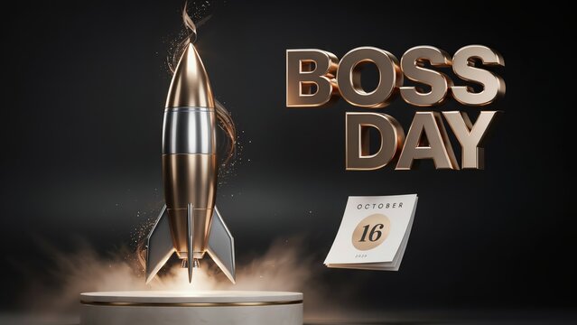 Boss Day celebration concept with metallic rocket launch, 3D gold text on dark background, October 16 calendar date for corporate leadership event