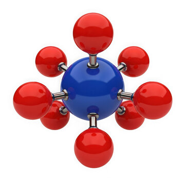 Blue and red spheres connected together in a 3d molecular structure representing science and tech isolated on transparent background , PNG