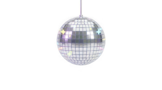 Shiny disco ball hanging light fixture with reflective mirrored surface transparent background