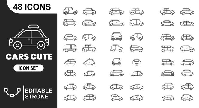 Cute car vector line icon set sedan hatchback suv taxi police transport automobile collection
