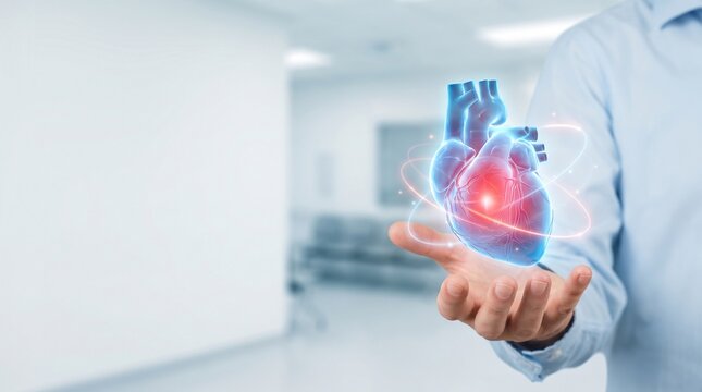 Innovative Medical Technology Showing a Digital Hologram of a Human Heart Held in a Professional Doctor's Hand