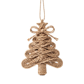 Handmade Jute Rope Christmas Tree Ornament with Star and Bow Isolated on White