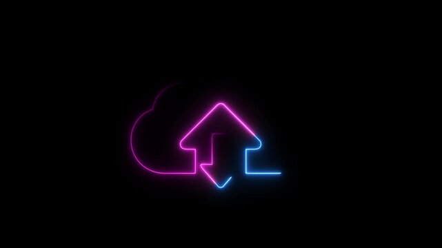 Futuristic Neon Glowing Cloud Storage Icons Set for Data Upload Download and Sync Concept