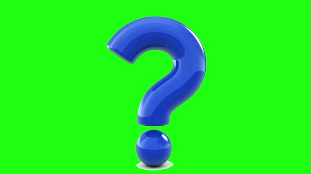 Blue question mark rotating on bright green screen background for dynamic motion graphic presentation.