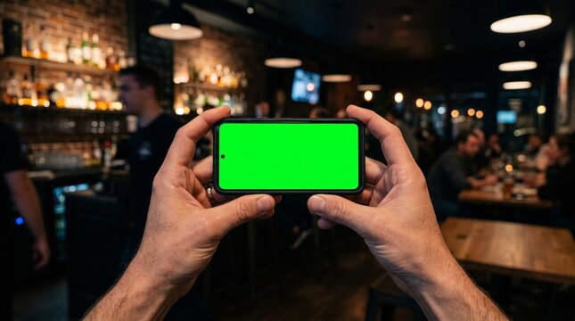 Person holding smartphone with green screen in horizontal mode in a bar with blurred background