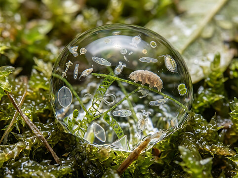Macro shot of a water droplet on moss, revealing a hidden world of diverse microscopic organisms and a tardigrade, thriving in a miniature aquatic ecosystem