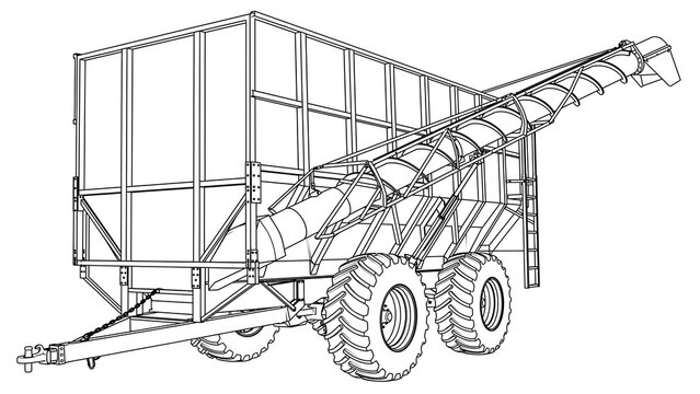 Agricultural trailer line drawing on white background.