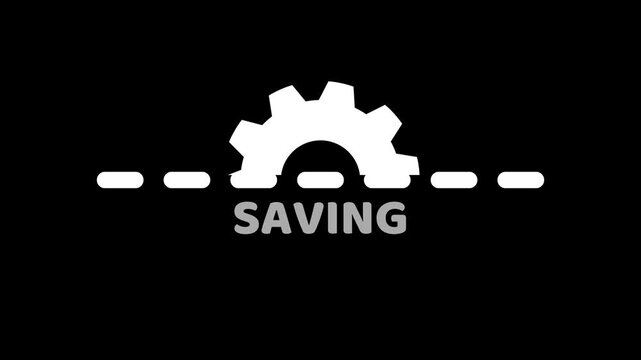 Saving gear icon animation on black background, data save progress indicator, technology system storage UI loop