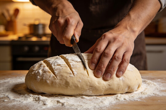 Close-up of hands scoring bread dough before baking