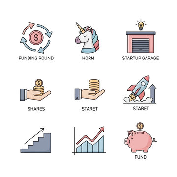 Startup and Investment Icons Set with Funding Shares and Growth Concepts.