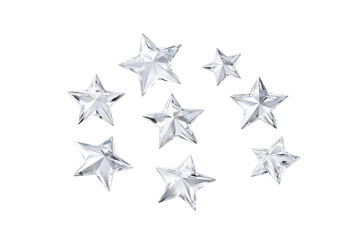 Obraz premium Set of seven realistic metallic star shapes isolated on transparent background for design and branding projects
