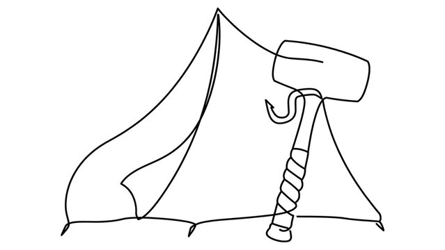 Camping tent and hammer illustration white background.