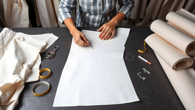 Garment Pattern Making Workspace with Fabric, Scissors and Measuring Tools