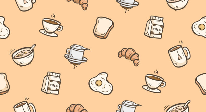 Breakfast doodle background. Food and beverage doodle pattern. Cute breakfast menu pattern background. Seamless pattern of coffee, tea, syrup, milk, croissant, bread, cereal, egg.
