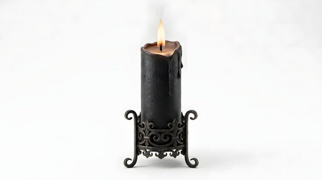 Elegant Black Wrought Iron Candle Holder with a Melting Taper Candle Creating a Warm Glow
