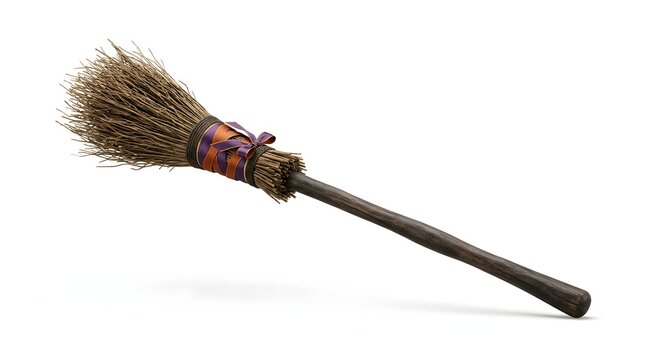 Traditional handcrafted broom with natural bristles and decorative ribbon tied around the handle