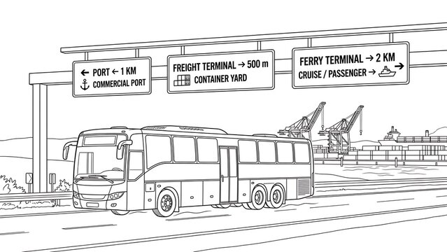 Bus at terminal with signs white background.